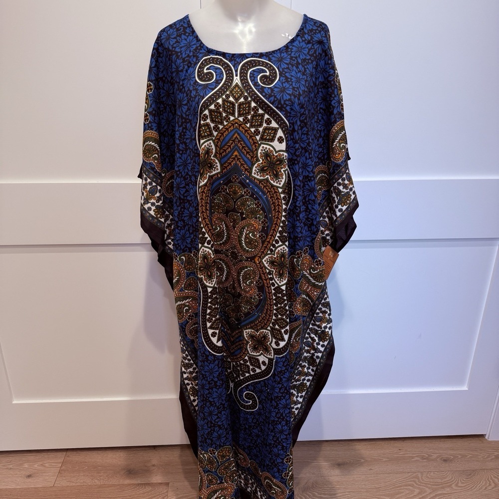 Gold‎ Coast Paisley Blue Gold Kaftan Maxi Dress Bohemian Paisley Vacation